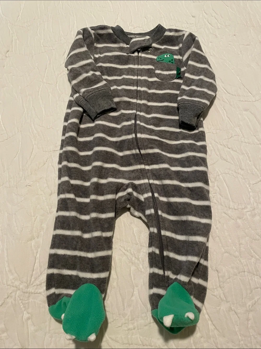 Carter's Gray & White Striped Dino Footed One-Piece